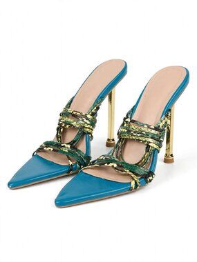Teal Snakeskin Lace-Up Pumps Gold Stiletto Wrap Heels